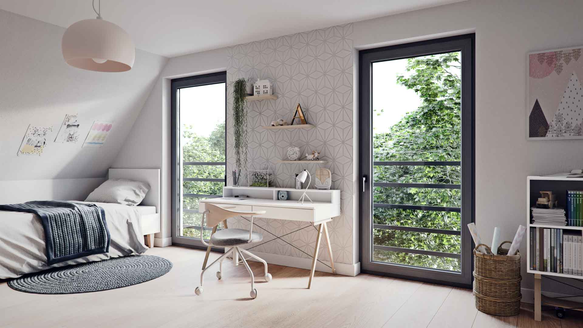 Helle, bodentiefe Kunststoff-Fenster mit minimalistischem Gitter als französischer Balkon im Kinderzimmer.