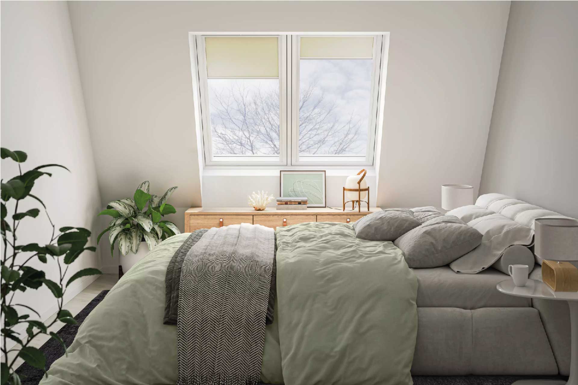 Helle Dachfenster mit plissiertem Sonnenschutz-Rollo im gemütlichen Dachgeschoss-Schlafzimmer.