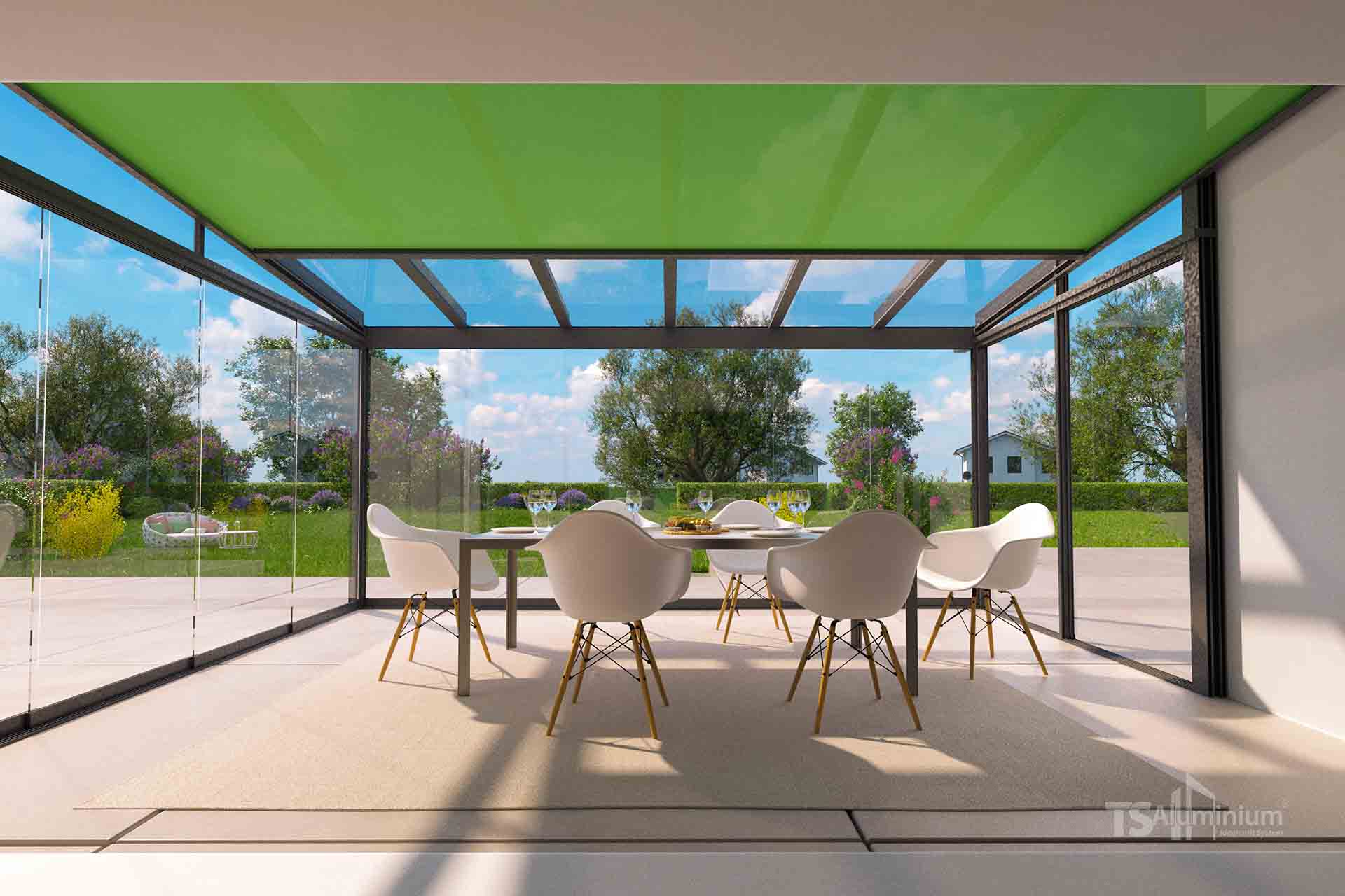 Modernes Terrassendach als verglastes Gartenzimmer mit grünem Sonnenschutz und Essbereich.