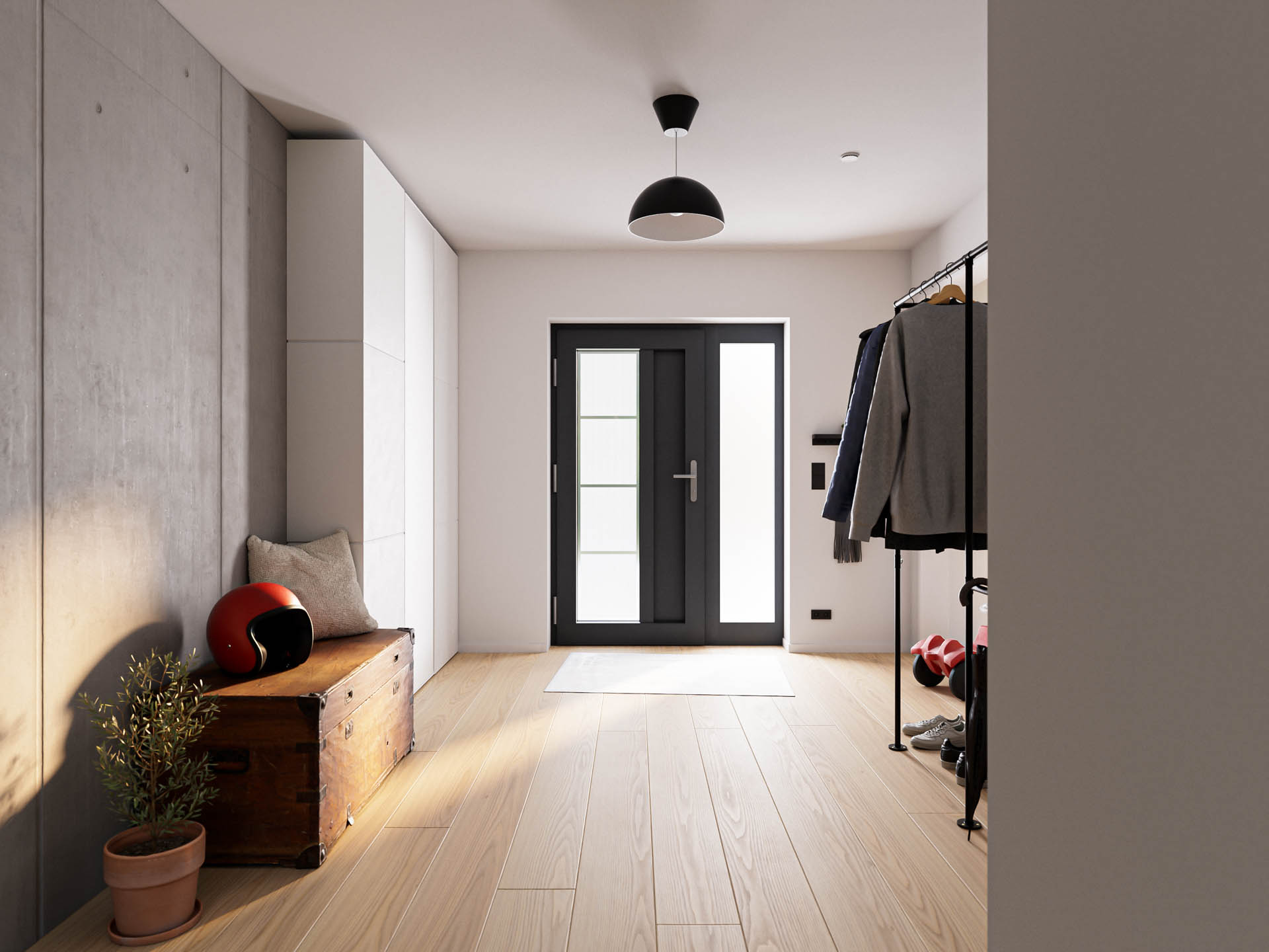 Alu-Haustür in Anthrazit mit horizontalem, satinierten Glaseinsatz im modernen Flur.