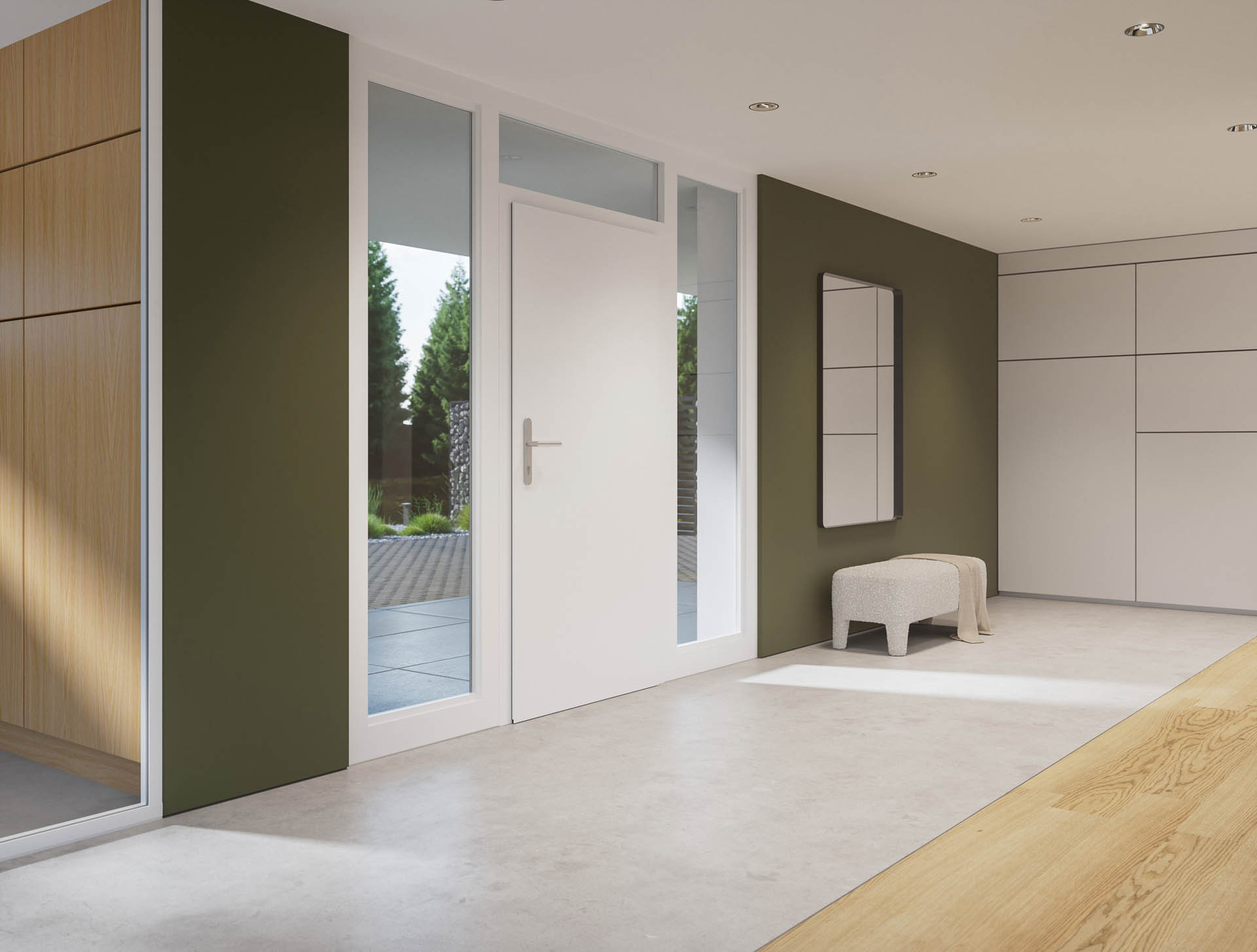 Helle, weiße Alu-Haustür mit seitlichen und oberen Glasfeldern, sorgt für viel Licht im Flurbereich.