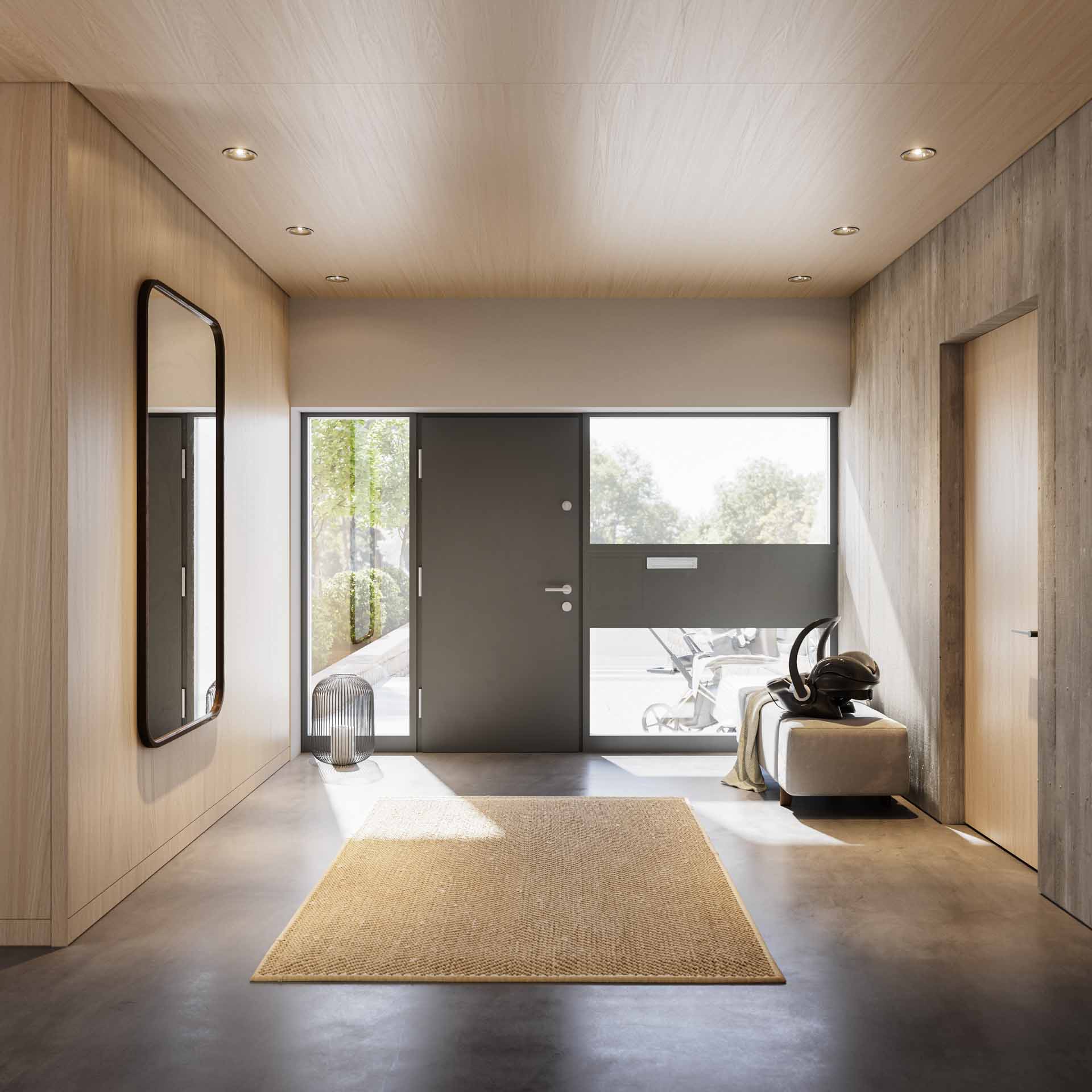 Dunkle Alu-Haustür als Doppeltür mit vertikalen Glaseinsätzen, verleiht dem modernen Flur Licht.