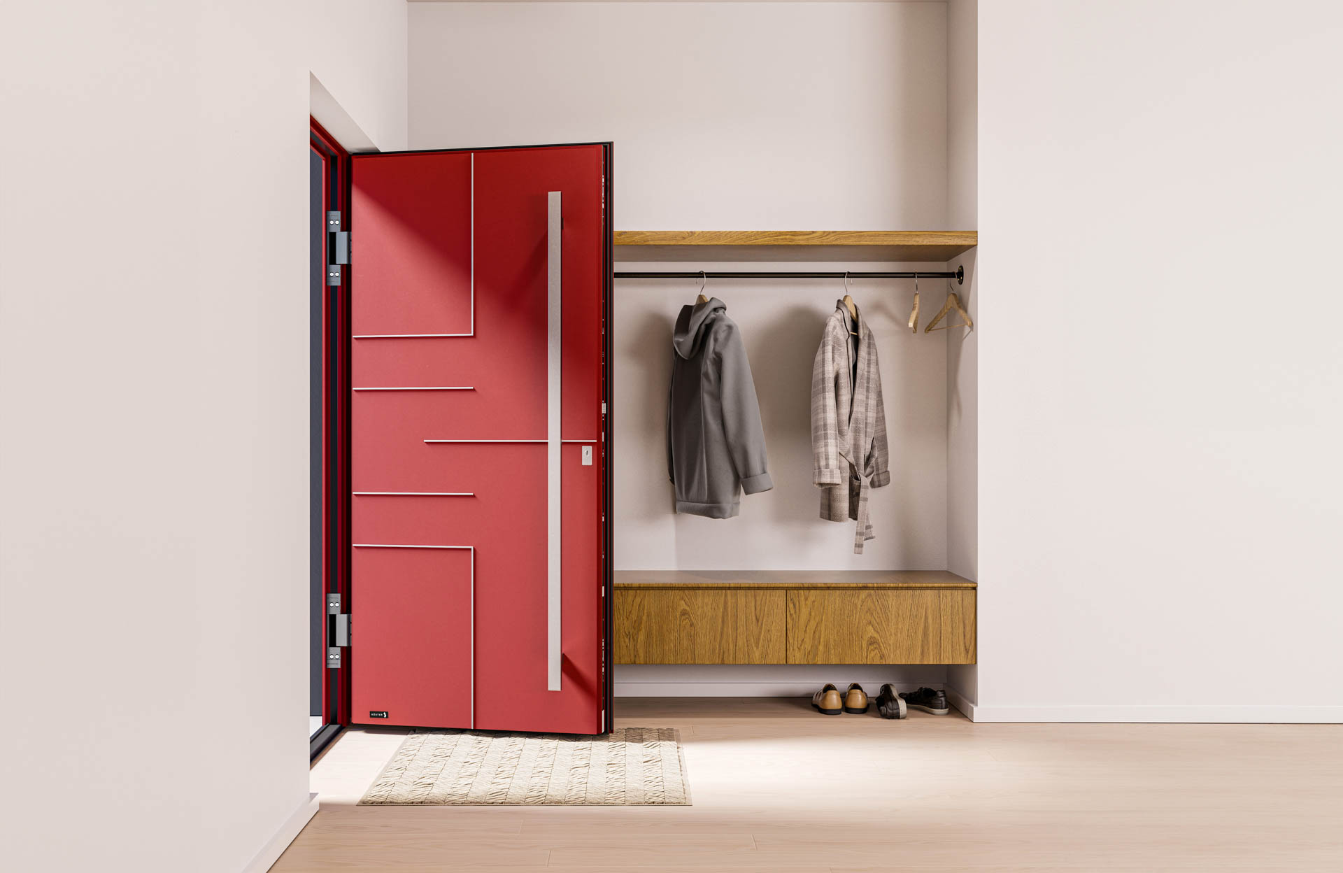Design Alu-Haustür in leuchtendem Rot, flächenbündig und weit geöffnet, in einem modernen, minimalistischen Eingangsbereich.
