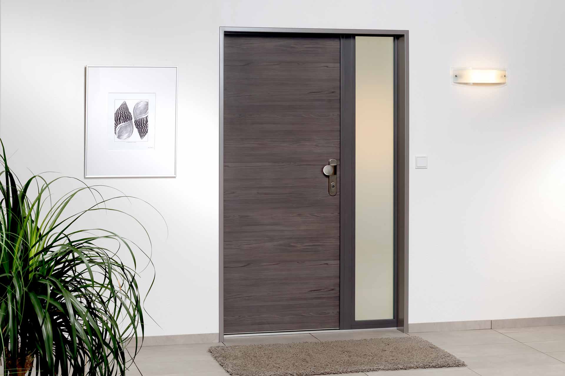 Hochwertige Wohnungseingangstür in dunkler Holzmaserung mit seitlichem, satinierten Glasausschnitt.