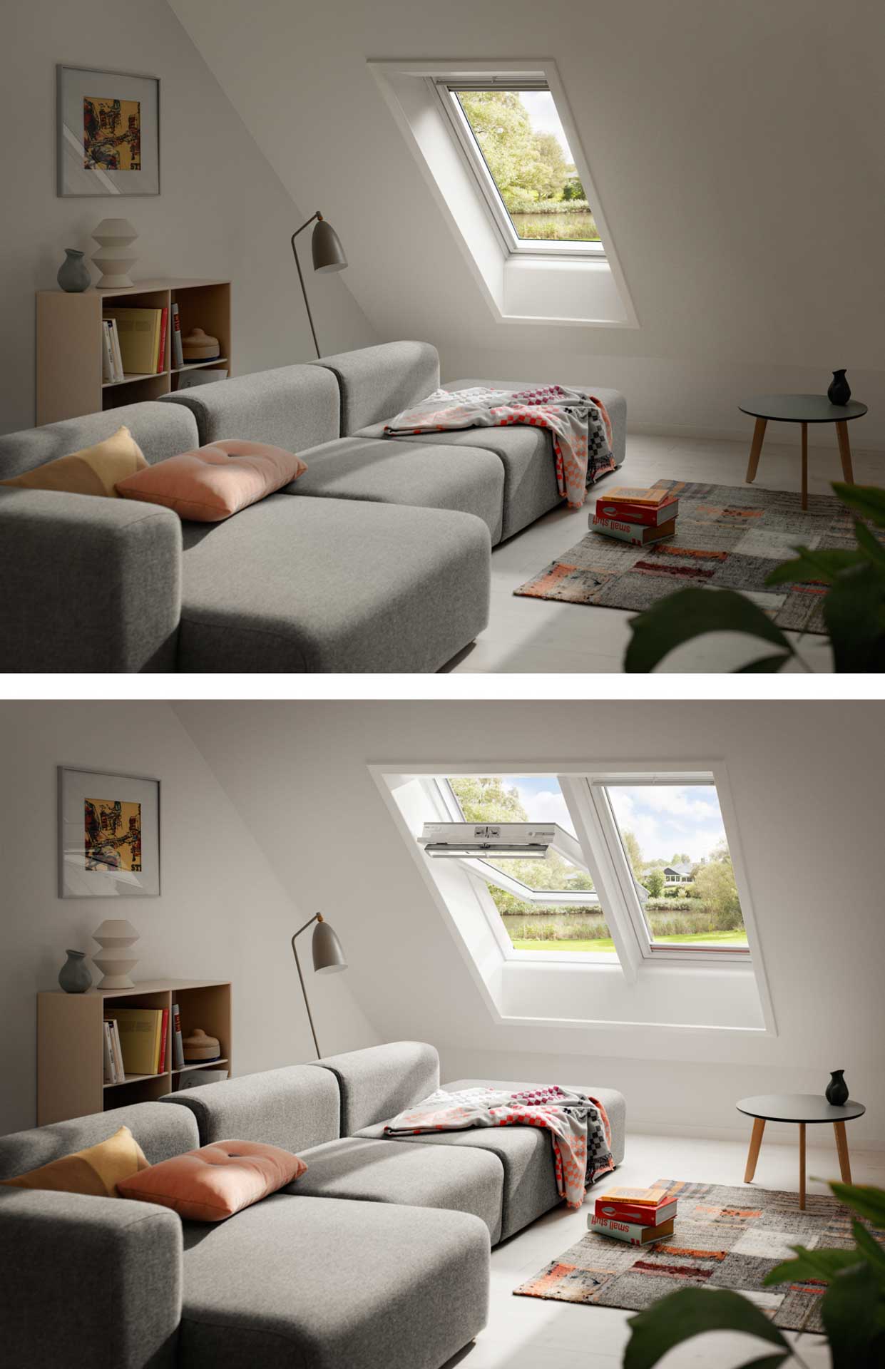 Großes Dachfenster (Schwingfenster) in offener und geschlossener Ansicht, bringt Licht in das moderne Dachgeschoss-Wohnzimmer.