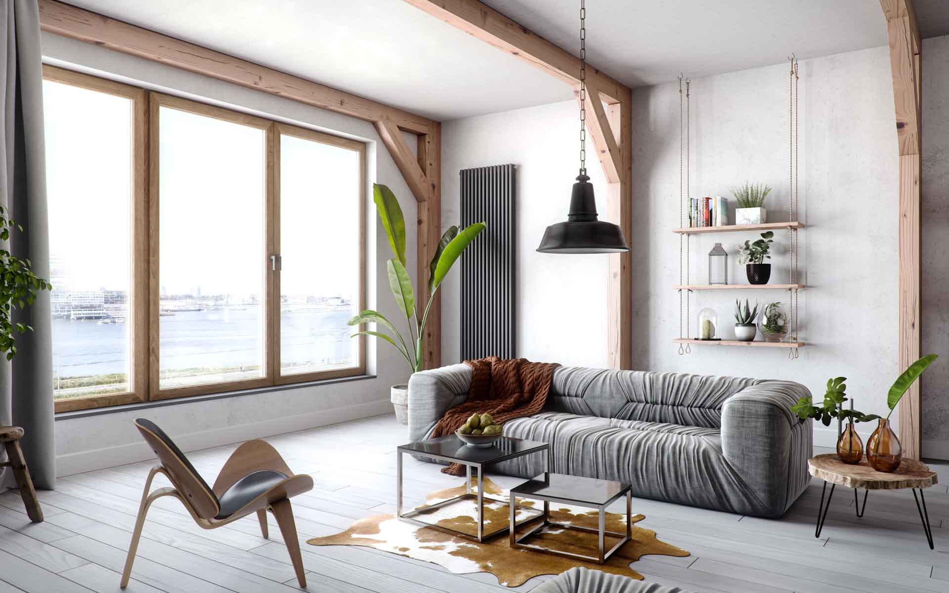 Breites Panoramafenster im Loft-Stil mit Holzrahmen.