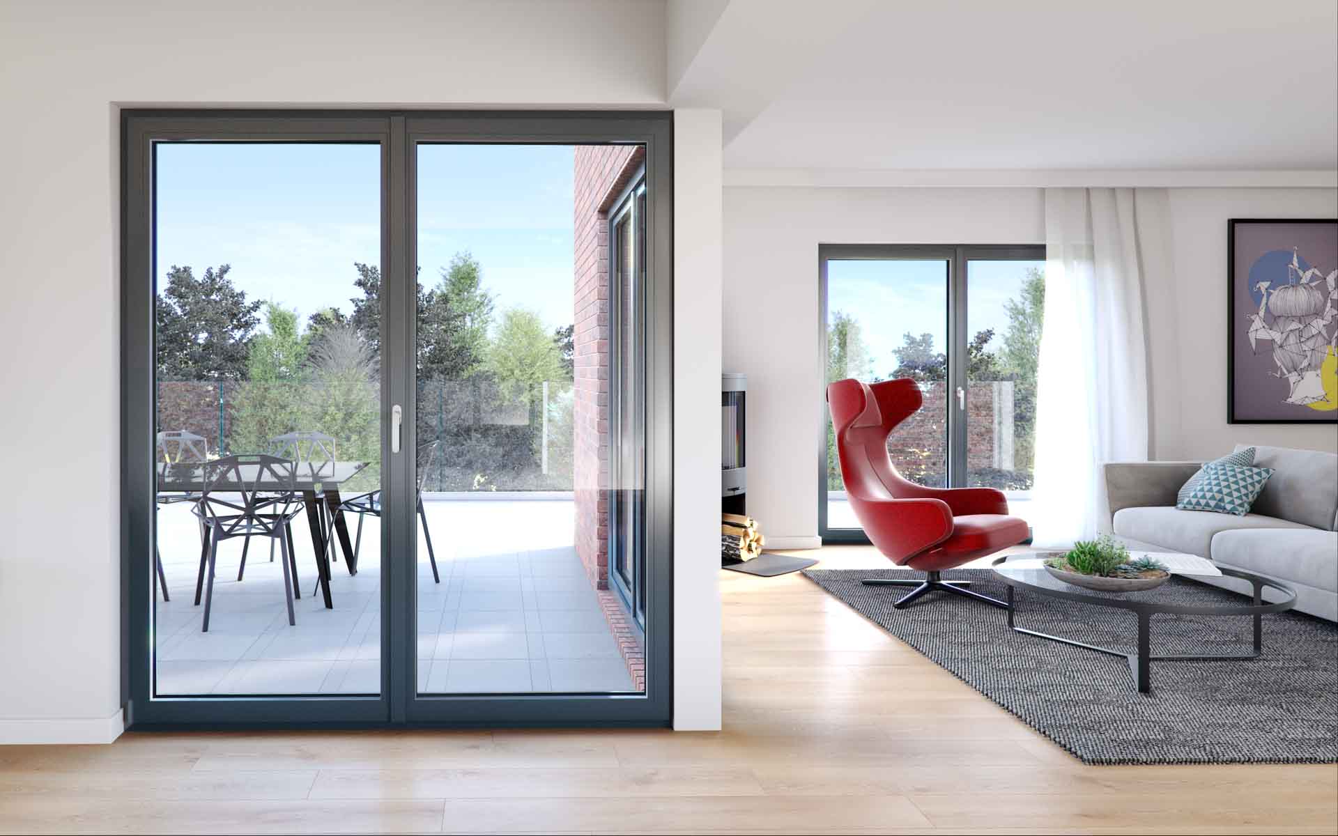 Zweiflügelige Kunststoff-Balkontür in Anthrazit mit breiten Glasflächen im modernen Wohnzimmer.
