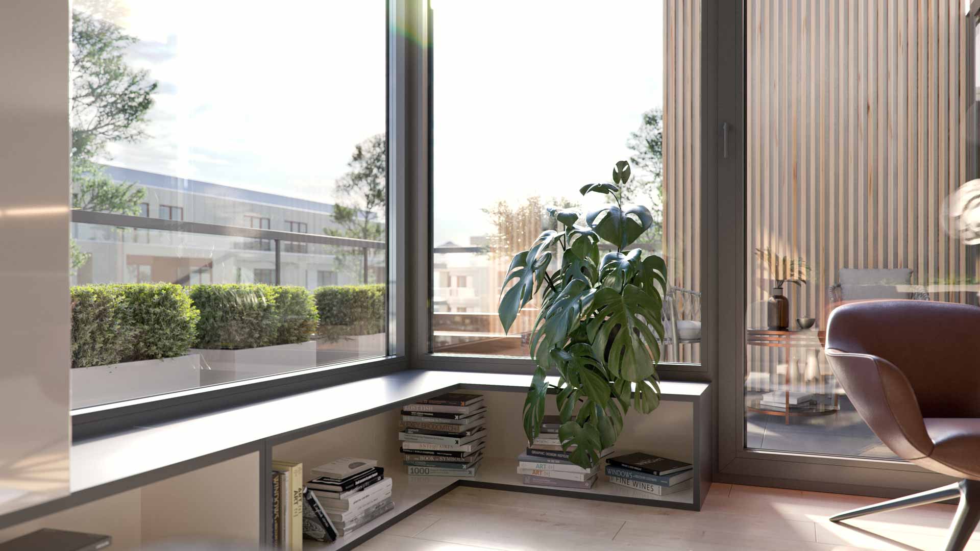 Große Panoramafenster und Terrassentüren öffnen das Wohnzimmer zur Dachterrasse.